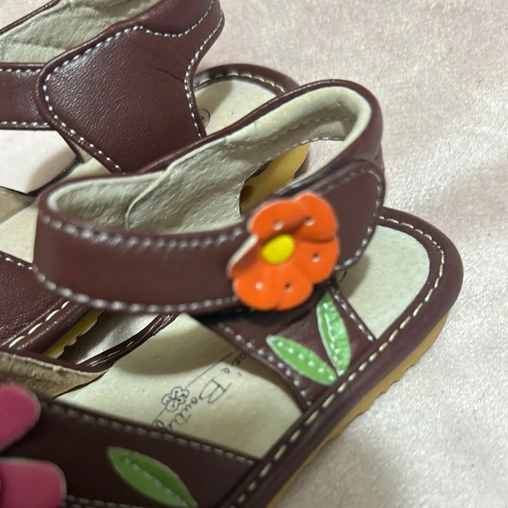 Little Me Brown and Pink Sandals with Floral Accents